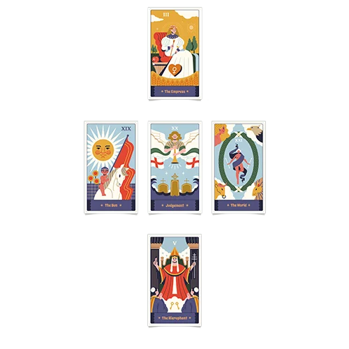 Tirage en croix avec 5 cartes de tarot de Marseille disposées en croix